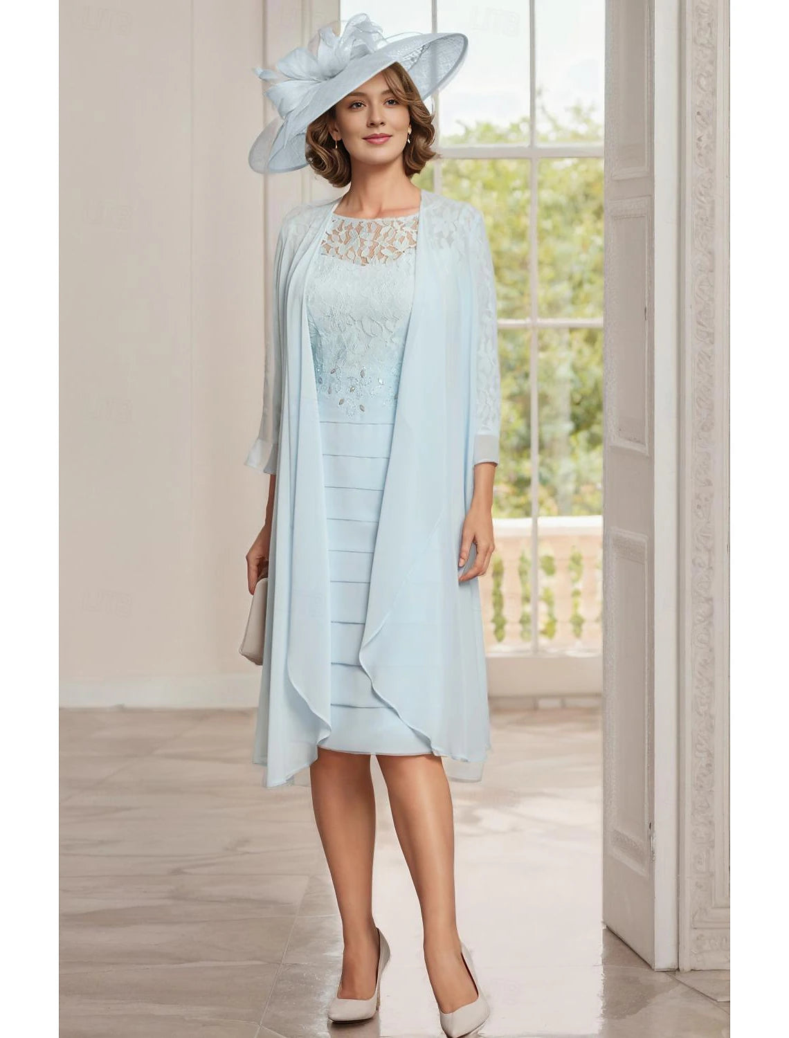 Buyishang Two Piece Sheath Mother of the Bride Dress Elegant Jewel Neck Knee Length Chiffon Lace 3/4 Length Sleeve Jacket Dresses with Lace Ruched free custom size